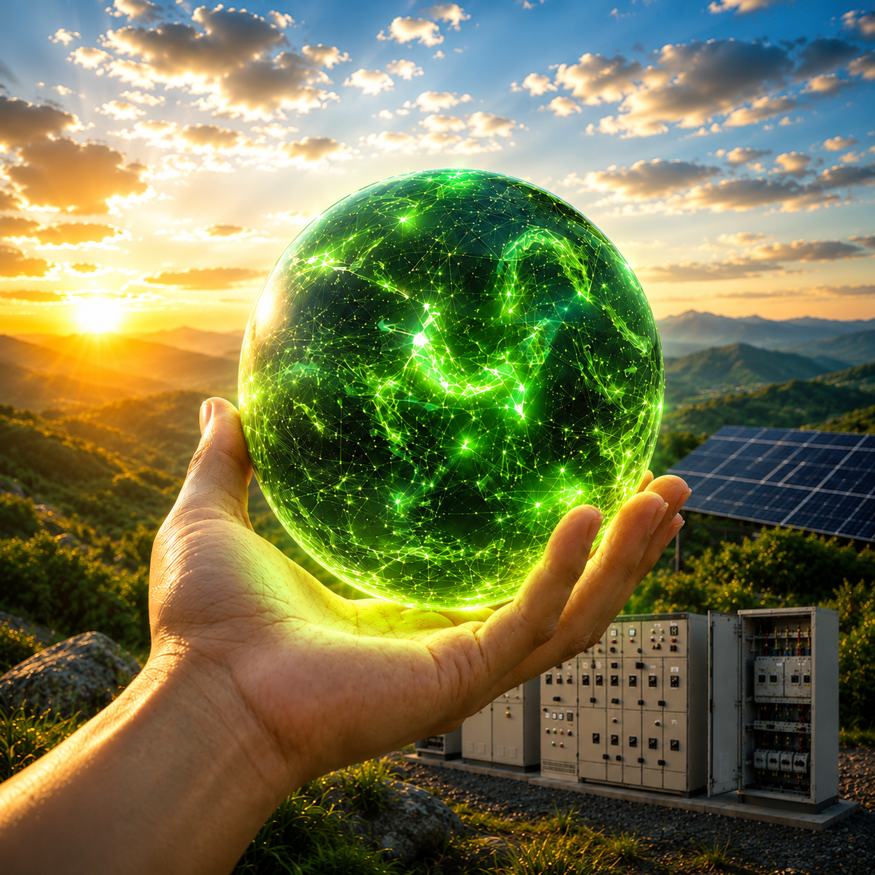 Hand holding a glowing green globe symbolising Asiatic's commitment to sustainability and renewable energy